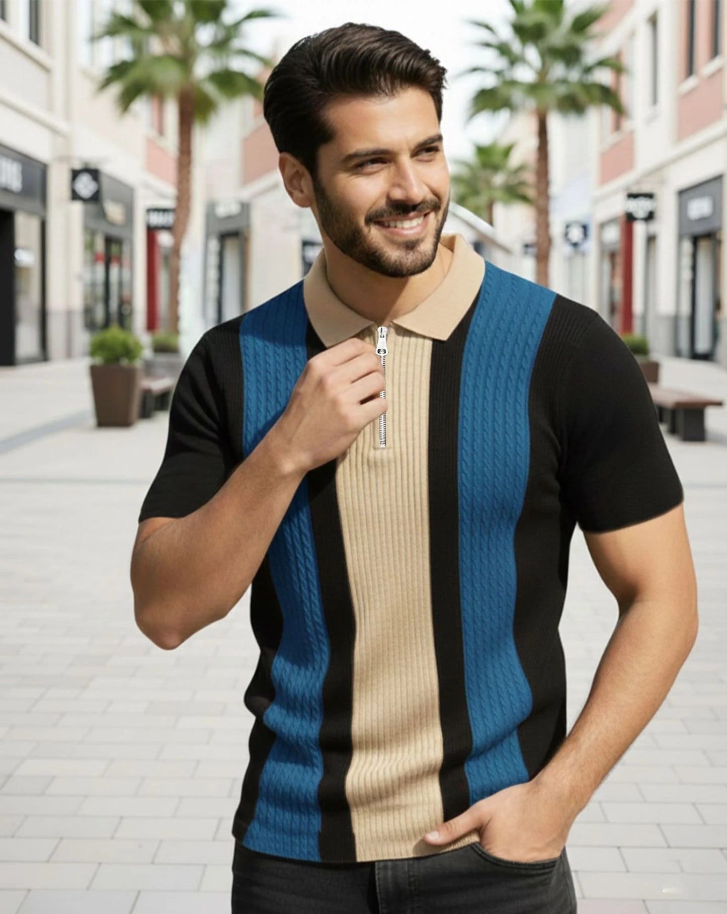 T-shirt homme à col polo, coton mélangé, marron et noir, blocs de couleur