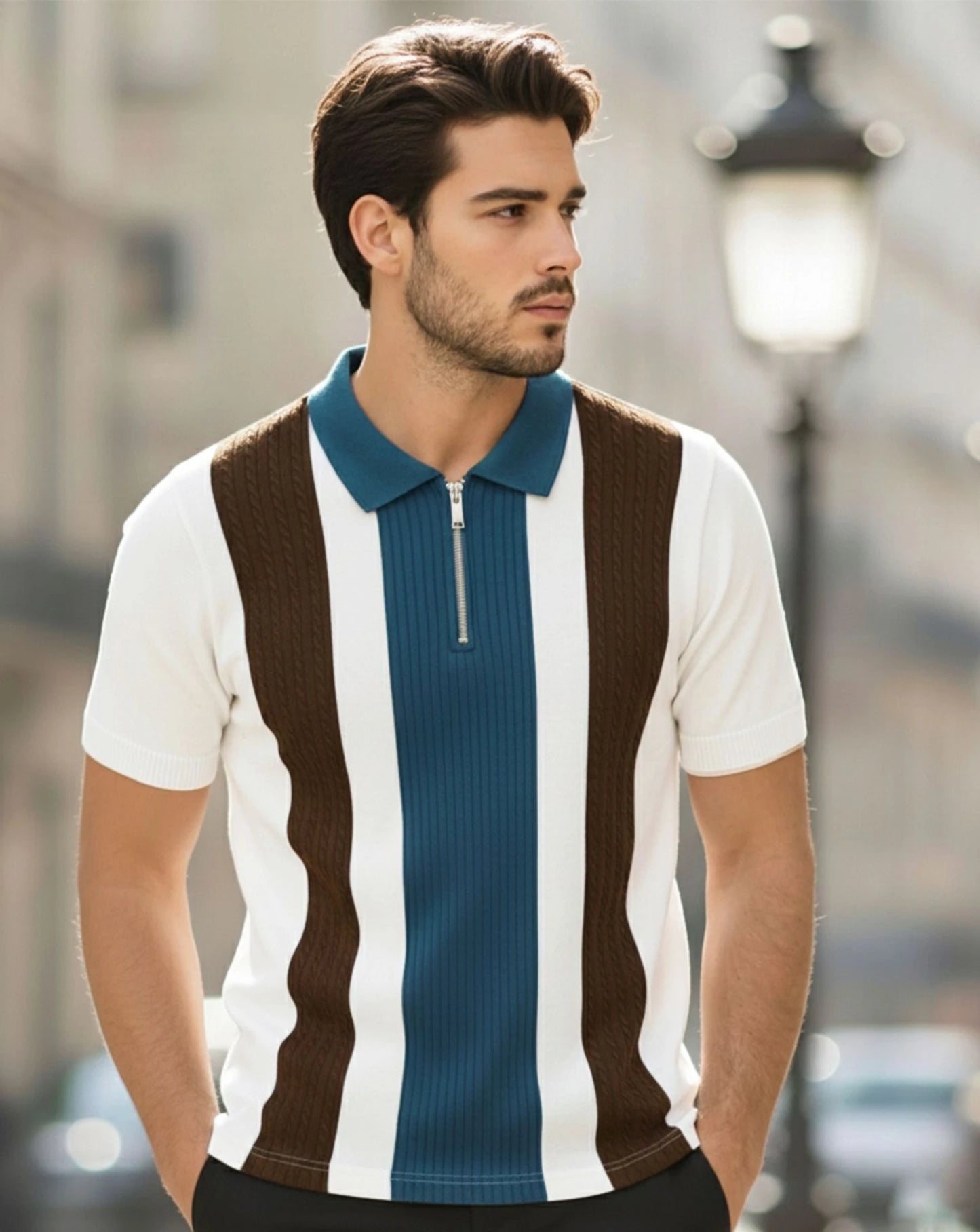 T-shirt homme à col polo, coton mélangé, marron et noir, blocs de couleur