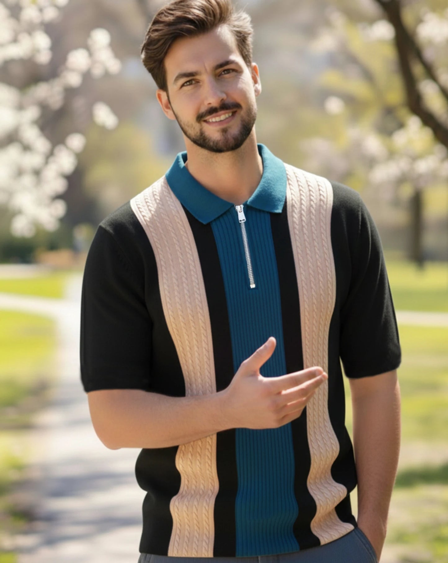 T-shirt homme à col polo, coton mélangé, marron et noir, blocs de couleur