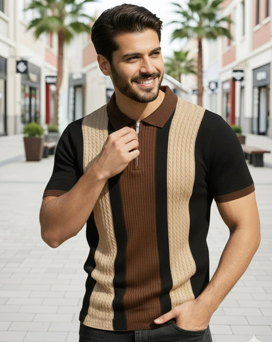 Man wearing a brown and beige striped sweater vest in an urban setting