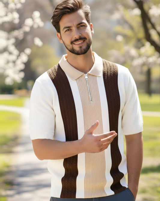 Men Colorblock Polo Neck Cotton Blend Brown, Black T-Shirt